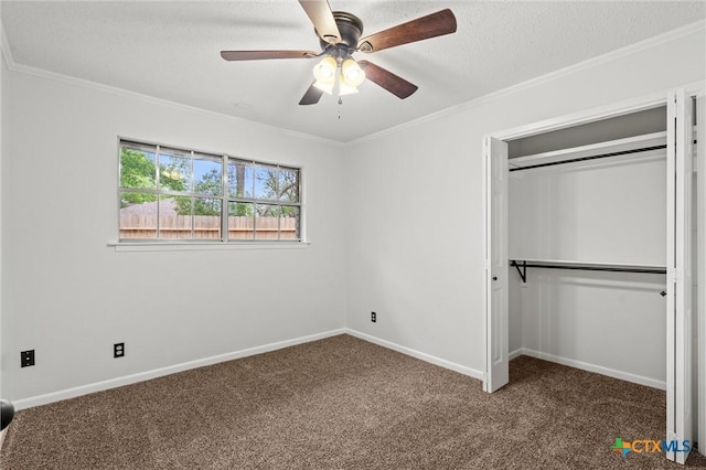 4101 Briar Cliff Rd, Temple, TX 76502 - unfurnished bedroom with carpet, a closet, ornamental molding, ceiling fan, and a textured ceiling