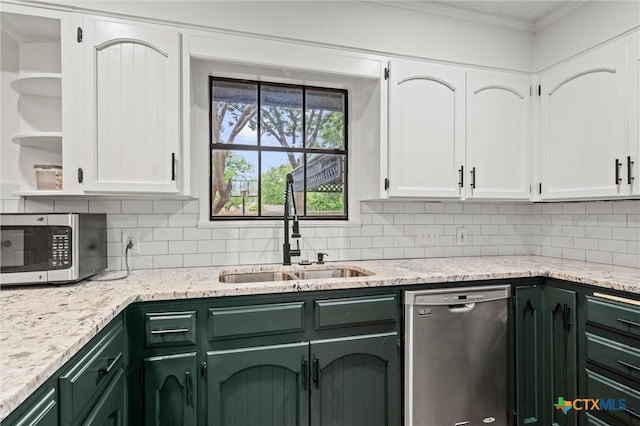 4101 Briar Cliff Rd, Temple, TX 76502 - kitchen featuring appliances with stainless steel finishes, green cabinetry, open shelves, white cabinetry, and ornamental molding