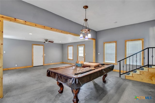 playroom featuring ceiling fan, pool table, and concrete floors