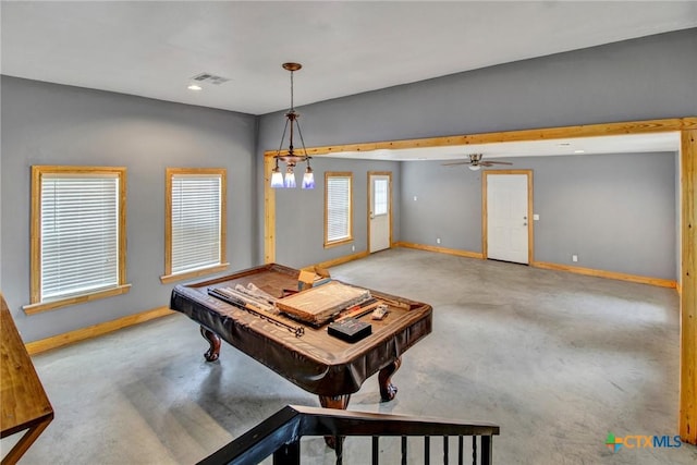 playroom featuring ceiling fan, concrete flooring, and pool table