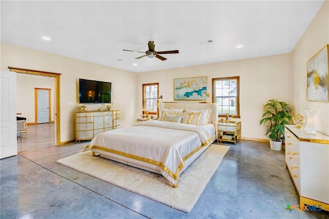 bedroom featuring concrete flooring and ceiling fan