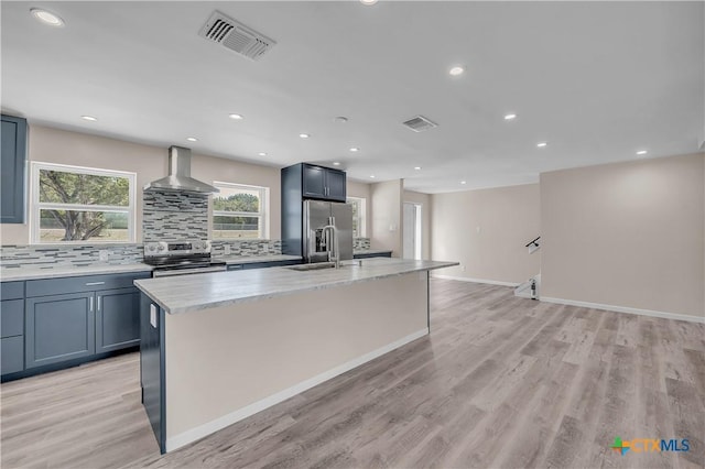 kitchen with tasteful backsplash, a center island with sink, visible vents, wall chimney exhaust hood, and stainless steel appliances