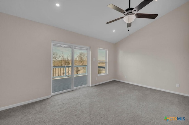 carpeted empty room featuring a ceiling fan, lofted ceiling, baseboards, and recessed lighting