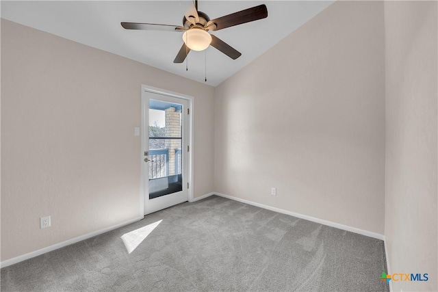 unfurnished room with a ceiling fan, baseboards, and carpet flooring