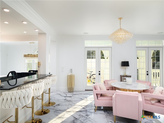 dining room featuring recessed lighting, french doors, baseboards, and marble finish floor