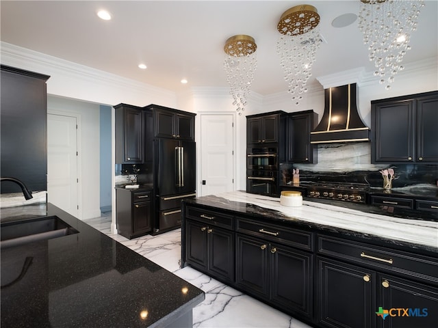 kitchen with premium range hood, dark cabinetry, marble finish floor, black appliances, and a sink