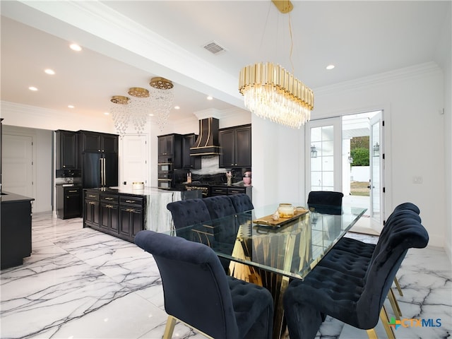 dining room featuring visible vents, crown molding, recessed lighting, an inviting chandelier, and marble finish floor