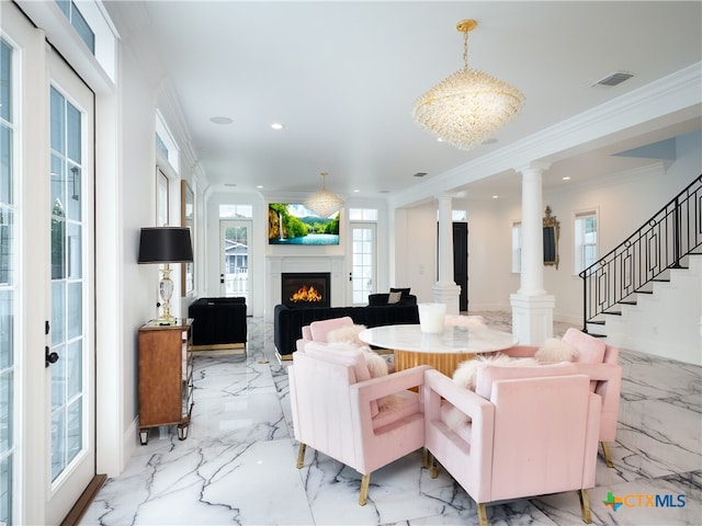 living room featuring visible vents, stairs, ornamental molding, decorative columns, and marble finish floor