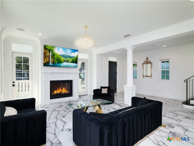 living room with crown molding, marble finish floor, visible vents, and ornate columns