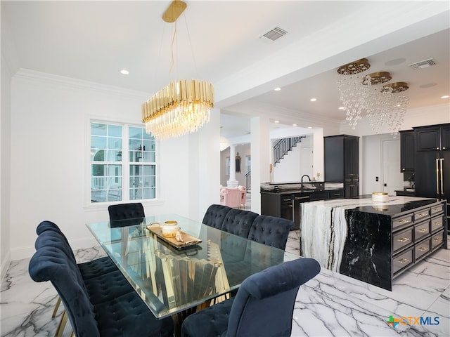 dining space featuring visible vents, marble finish floor, a chandelier, and stairs