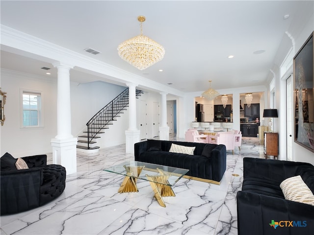 living area with marble finish floor, visible vents, and ornate columns