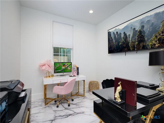 office space with recessed lighting, baseboards, and marble finish floor