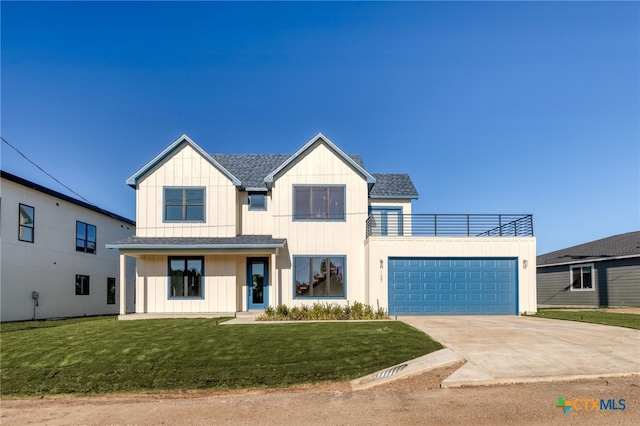 modern farmhouse style home featuring an attached garage, concrete driveway, a front yard, a balcony, and roof with shingles