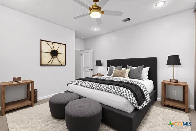 107 Onini Ct, Bastrop, TX 78602 - bedroom with light colored carpet, baseboards, recessed lighting, and ceiling fan