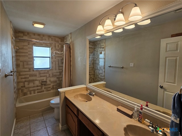 full bathroom with toilet, shower / tub combo with curtain, vanity, and tile patterned floors