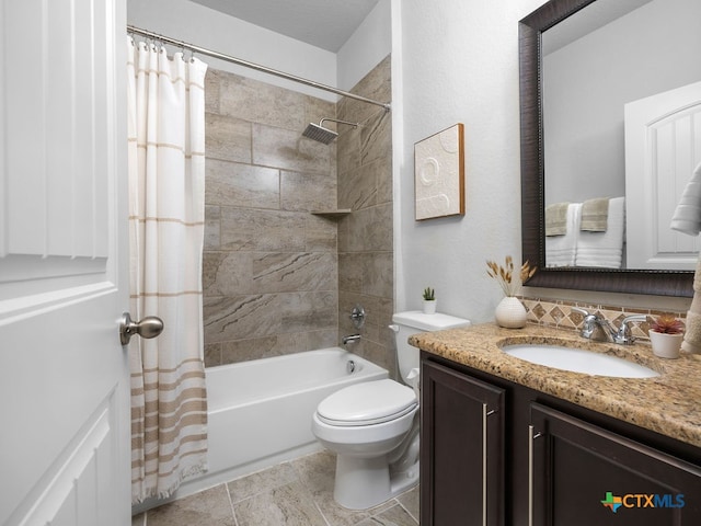 full bathroom with vanity, toilet, and shower / bath combination with curtain