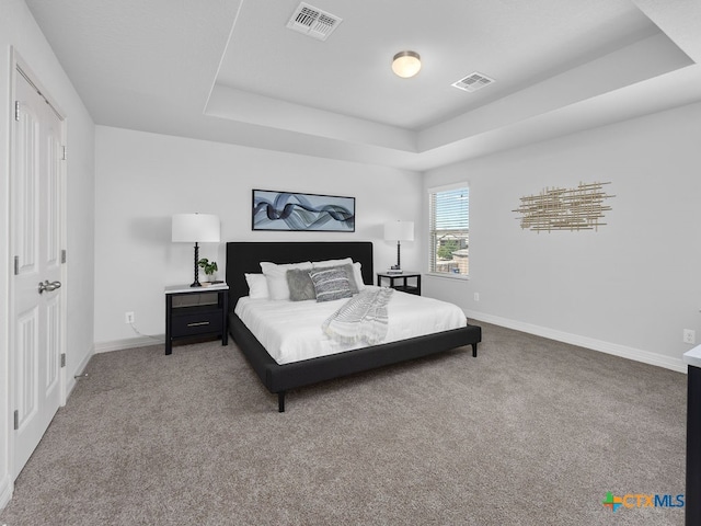 bedroom featuring carpet flooring and a tray ceiling