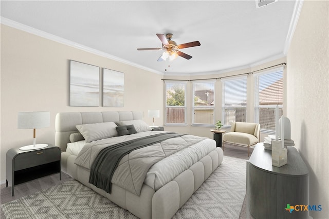 647 Ridgeglen Dr, New Braunfels, TX 78130 - bedroom with crown molding, multiple windows, ceiling fan, and baseboards
