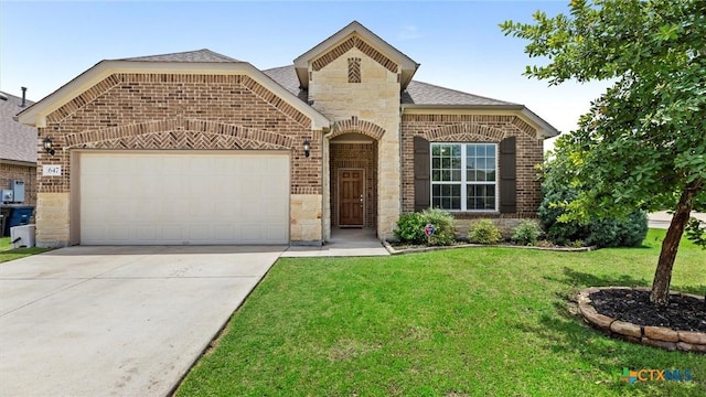 647 Ridgeglen Dr, New Braunfels, TX 78130 - french country inspired facade featuring brick siding, an attached garage, a front yard, concrete driveway, and stone siding