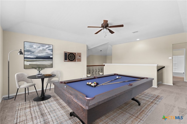 647 Ridgeglen Dr, New Braunfels, TX 78130 - game room with a ceiling fan, carpet, baseboards, and billiards