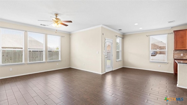 647 Ridgeglen Dr, New Braunfels, TX 78130 - unfurnished living room with a ceiling fan, dark wood-type flooring, ornamental molding, and baseboards