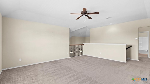 647 Ridgeglen Dr, New Braunfels, TX 78130 - unfurnished living room with ceiling fan, carpet, and vaulted ceiling