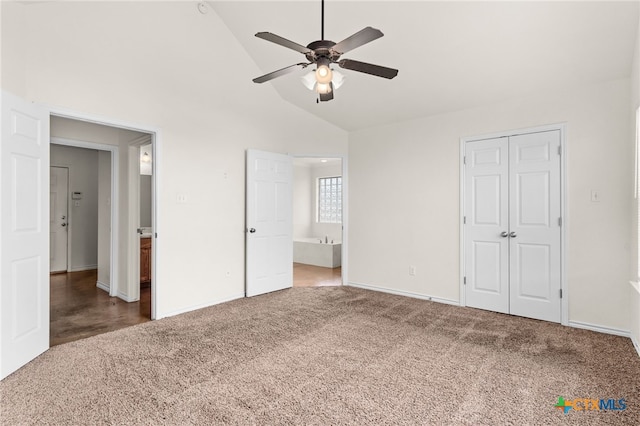 2301 Big Divide Rd, Copperas Cove, TX 76522 - unfurnished bedroom with carpet flooring, baseboards, high vaulted ceiling, ensuite bathroom, and ceiling fan