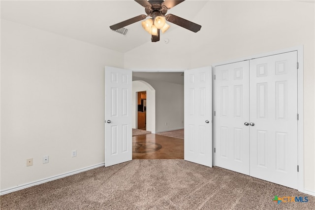 2301 Big Divide Rd, Copperas Cove, TX 76522 - unfurnished bedroom featuring arched walkways, carpet flooring, a closet, ceiling fan, and lofted ceiling