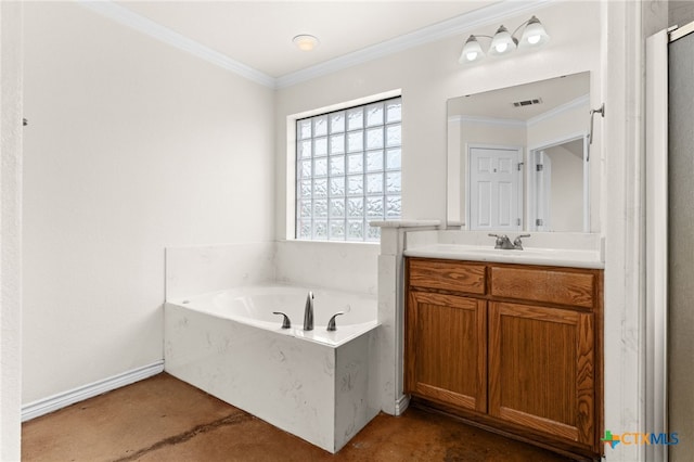 2301 Big Divide Rd, Copperas Cove, TX 76522 - full bath with vanity, a garden tub, finished concrete flooring, ornamental molding, and an enclosed shower