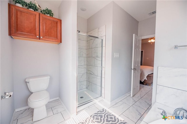 bathroom featuring a stall shower, visible vents, baseboards, toilet, and marble finish floor