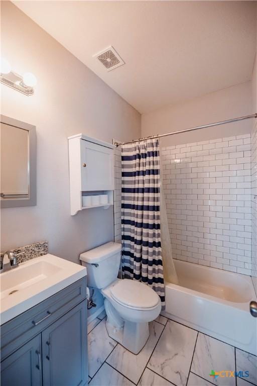 full bath with toilet, vanity, visible vents, marble finish floor, and shower / bathtub combination with curtain