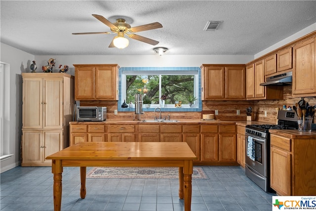 kitchen featuring gas range, a textured ceiling, sink, tasteful backsplash, and ceiling fan