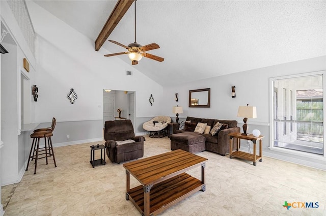 205 Magdalena Dr, Victoria, TX 77904 - living area featuring visible vents, ceiling fan, high vaulted ceiling, and beamed ceiling