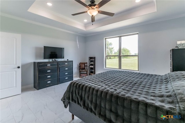 bedroom with a tray ceiling, marble finish floor, crown molding, and recessed lighting