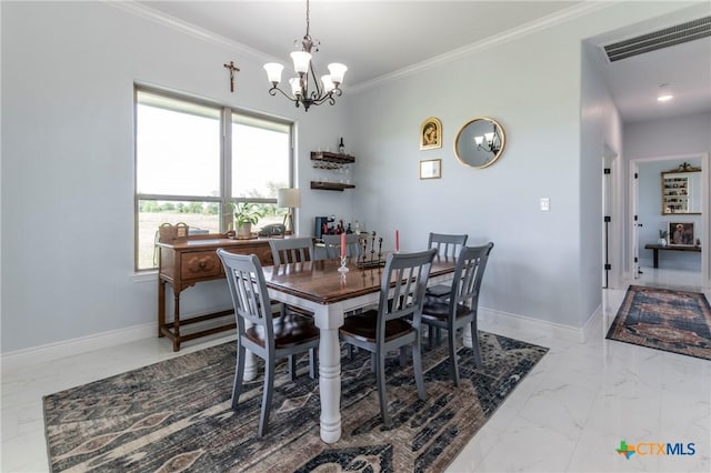 dining area with visible vents, baseboards, marble finish floor, an inviting chandelier, and crown molding