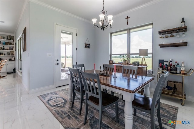 dining space featuring marble finish floor, a notable chandelier, baseboards, and crown molding