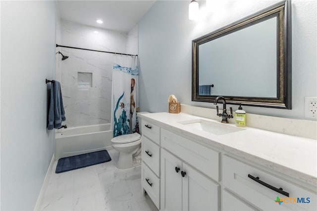 bathroom featuring marble finish floor, shower / tub combo with curtain, toilet, vanity, and baseboards