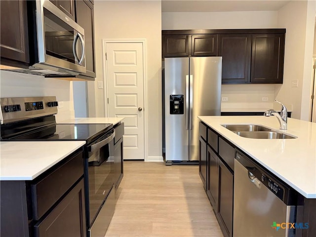 kitchen featuring light wood-style flooring, a sink, light countertops, dark brown cabinetry, and appliances with stainless steel finishes