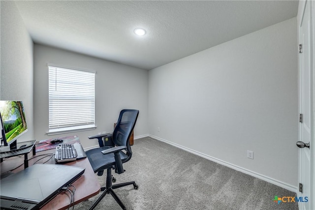 office area with carpet, baseboards, and a textured ceiling