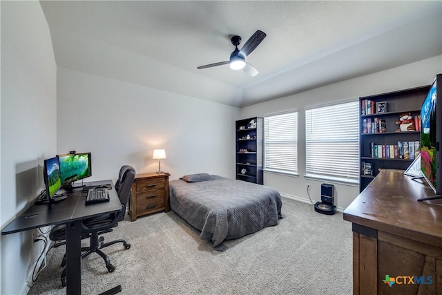 bedroom featuring lofted ceiling, carpet flooring, ceiling fan, and baseboards