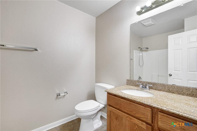 bathroom featuring walk in shower, tile patterned floors, toilet, and vanity