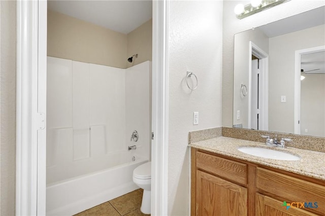 full bathroom with shower / bathtub combination, tile patterned floors, toilet, and vanity