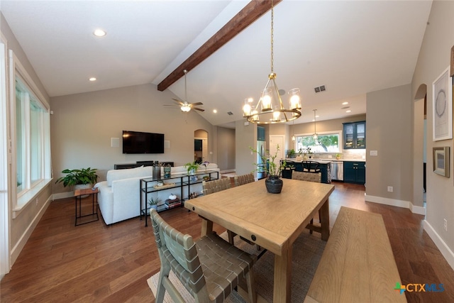 1175 Lavaca, Canyon Lake, TX 78133 - dining room featuring lofted ceiling with beams, dark wood finished floors, arched walkways, visible vents, and recessed lighting