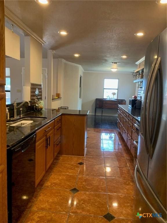 3002 Veterans Ave, Copperas Cove, TX 76522 - kitchen with stainless steel fridge, black dishwasher, recessed lighting, a peninsula, and tile patterned floors