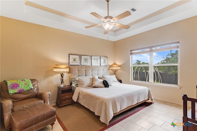 1518 Skyline Dr, Kingsland, TX 78639 - bedroom featuring a tray ceiling, light tile patterned flooring, baseboards, crown molding, and ceiling fan