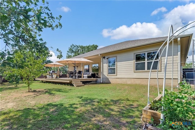 1518 Skyline Dr, Kingsland, TX 78639 - rear view of property featuring a wooden deck and a yard