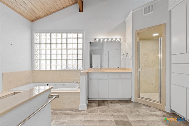 bathroom featuring vanity, lofted ceiling, wooden ceiling, and separate shower and tub