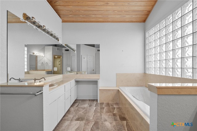 bathroom with tiled bath, vanity, and wood ceiling