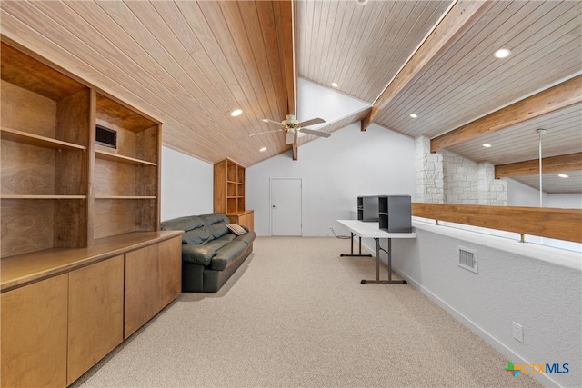 interior space featuring light carpet, vaulted ceiling with beams, ceiling fan, and wood ceiling