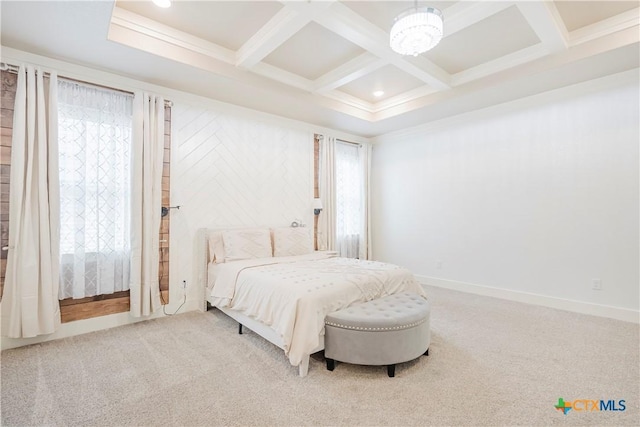 2306 Wooster St, Nolanville, TX 76559 - carpeted bedroom featuring recessed lighting, coffered ceiling, beamed ceiling, a notable chandelier, and crown molding
